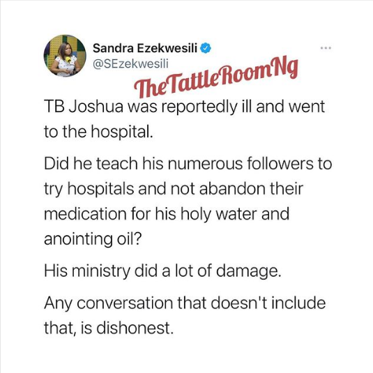 "He told his church members to use Anointing oil but went to the hospital when he was sick"- Sandra Ezekwesili