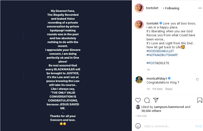 Tonto Dikeh finally reacts to her leaked audiotape in which she was caught begging after cheating