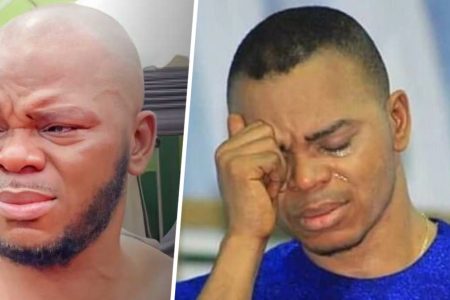 Bishop Obinim sobs uncontrollably during his late sister’s funeral.
